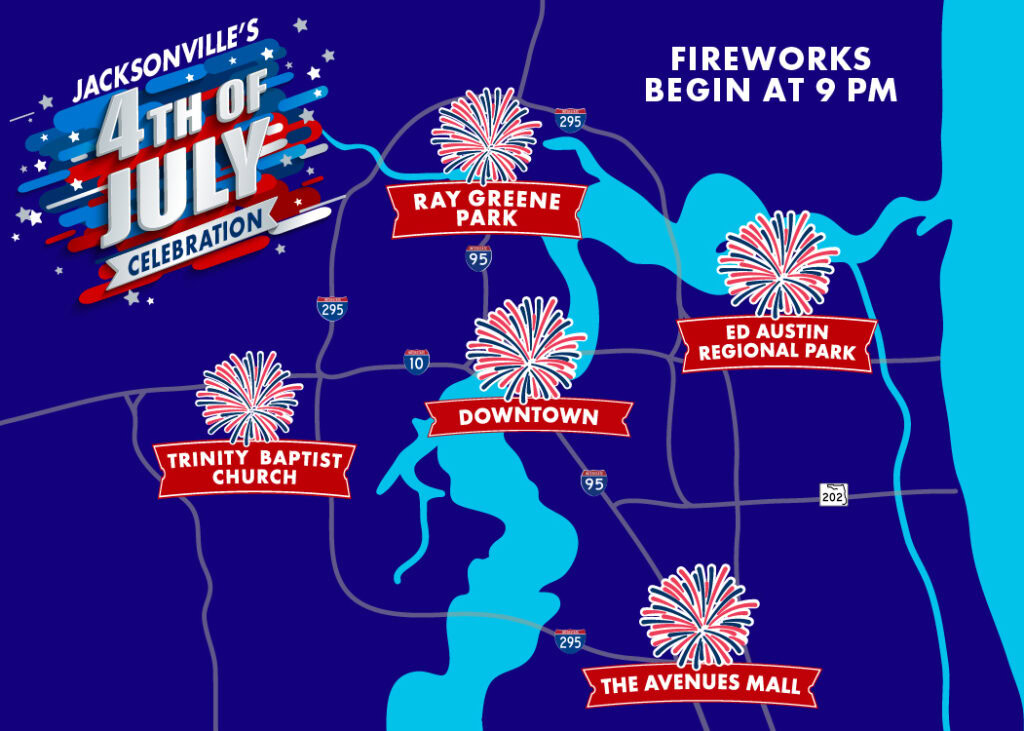 A map of Jacksonville Florida showing where the fireworks will be.