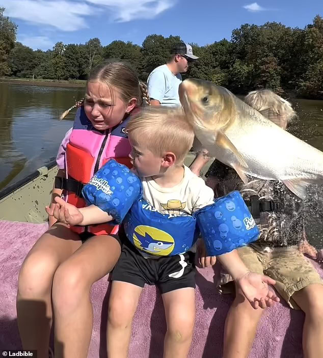 Children getting hit in the head with a fish
