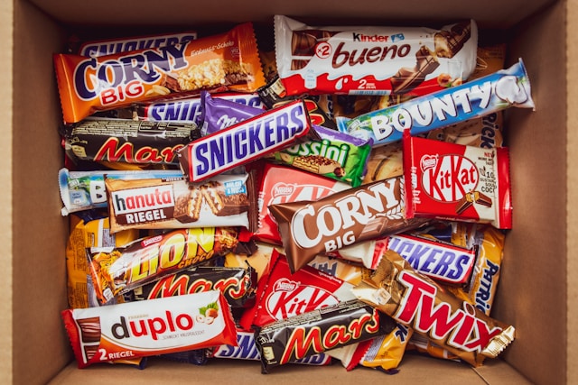 A box of candies and snacks