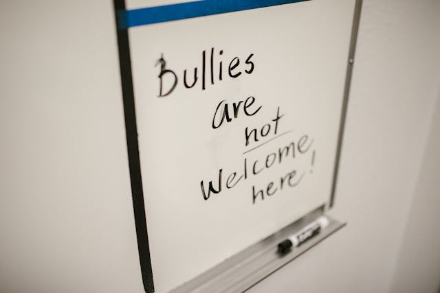 A sign that says Bullies are not Welcome Here